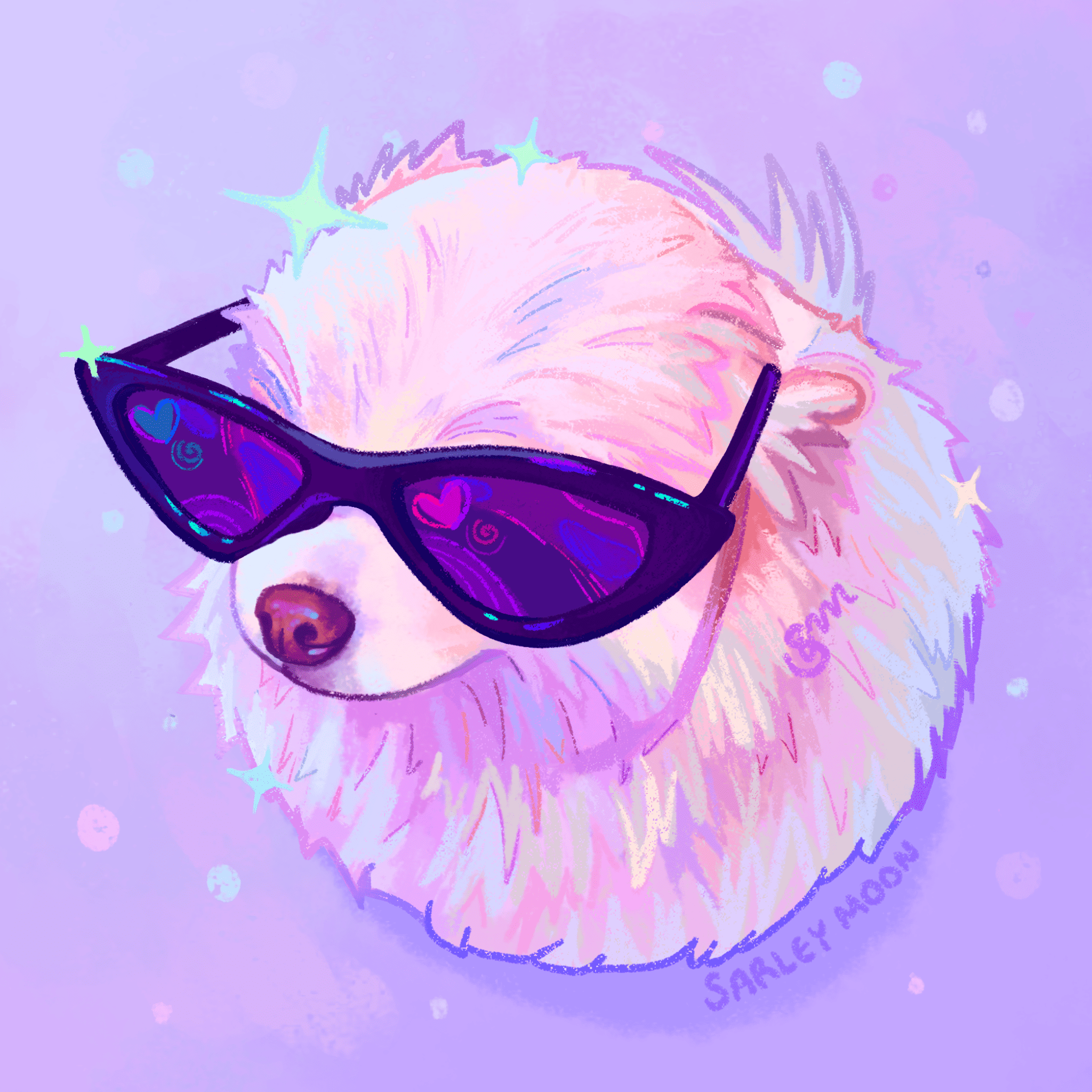 Retrato ilustrado de una mascota en estilo pastel con brillos